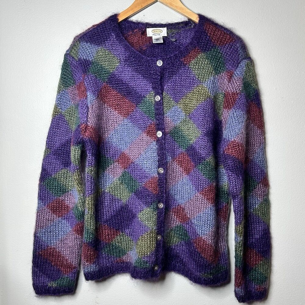 VTG Talbots Cardigan Sweater Women's L Mohair Blend Hand Knit Argyle Grandmacore